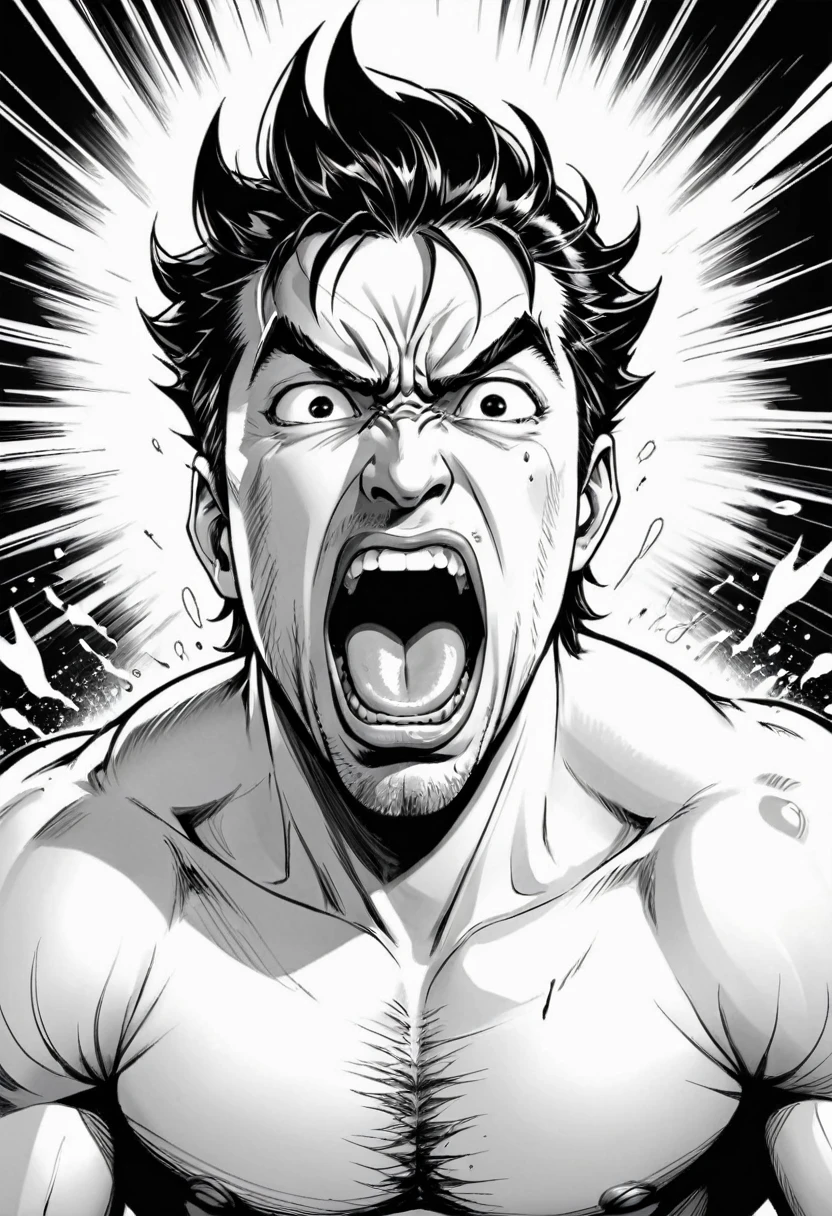high resolution, manga, clear line, screentone, high contrast, monochrome, handwritten style, from front, hunk, looking down and mouth very wide open with agony face, middle aged man, yell out, shirtless, stick out tongue,
