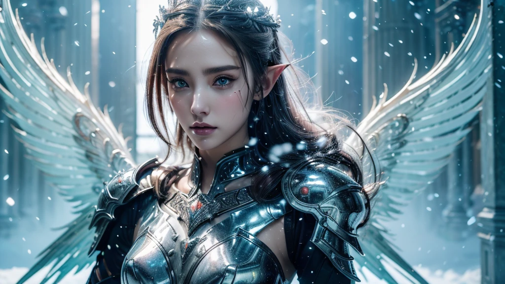 Close-up of woman holding sword and armor, Armor Girl, 2. 5D CGI anime fantasy artwork, Large Breasts,Epic fantasy digital art style, detailed Digital 2D fantasy art, Digital 2D fantasy art, original photo, (best quality:1.3), high resolution, (masterpiece), (lifelike:1.4), Professional photography, Clear focus, High Dynamic Range, 8k resolution, Intricate details, Fine details, Depth of Field, Extremely detailed CG unified 8k wallpaper, masterpiece,poster,best quality,Official Art,(Beauty and aesthetics:1.2),(masterpiece:1.3),Female Elf,individual,Light Leather Armor,complex pattern,snow,Cyberpunk style future city,Medium distance photography,(early morning),dramatic,Glowing Wings,