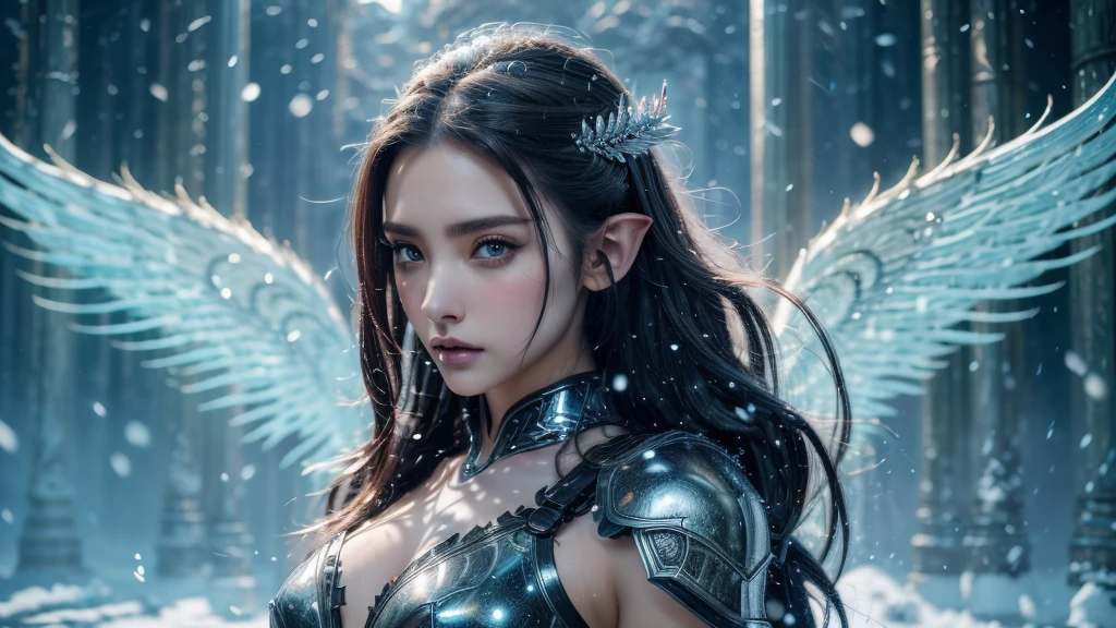 Close-up of woman holding sword and armor, Armor Girl, 2. 5D CGI anime fantasy artwork, Large Breasts，Epic fantasy digital art style, detailed Digital 2D fantasy art, Digital 2D fantasy art, original photo, (best quality:1.3), high resolution, (masterpiece), (lifelike:1.4), Professional photography, Clear focus, High Dynamic Range, 8k resolution, Intricate details, Fine details, Depth of Field, Extremely detailed CG unified 8k wallpaper, masterpiece，poster，best quality，Official Art，（Beauty and aesthetics：1.2），（masterpiece：1.3），Female Elf，individual，Light Leather Armor，complex pattern，snow，Cyberpunk style future city，Medium distance photography，（early morning），dramatic，Glowing Wings，