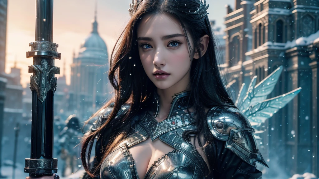 Close-up of woman holding sword and armor, Armor Girl, 2. 5D CGI anime fantasy artwork, Large Breasts,Epic fantasy digital art style, detailed Digital 2D fantasy art, Digital 2D fantasy art, original photo, (best quality:1.3), high resolution, (masterpiece), (lifelike:1.4), Professional photography, Clear focus, High Dynamic Range, 8k resolution, Intricate details, Fine details, Depth of Field, Extremely detailed CG unified 8k wallpaper, masterpiece,poster,best quality,Official Art,(Beauty and aesthetics:1.2),(masterpiece:1.3),Female Elf,individual,Light Leather Armor,complex pattern,snow,Cyberpunk style future city,Medium distance photography,(early morning),dramatic,Glowing Wings,