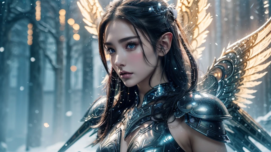 Close-up of woman holding sword and armor, Armor Girl, 2. 5D CGI anime fantasy artwork, Large Breasts，Epic fantasy digital art style, detailed Digital 2D fantasy art, Digital 2D fantasy art, original photo, (best quality:1.3), high resolution, (masterpiece), (lifelike:1.4), Professional photography, Clear focus, High Dynamic Range, 8k resolution, Intricate details, Fine details, Depth of Field, Extremely detailed CG unified 8k wallpaper, masterpiece，poster，best quality，Official Art，（Beauty and aesthetics：1.2），（masterpiece：1.3），Female Elf，individual，Light Leather Armor，complex pattern，snow，Cyberpunk style future city，Medium distance photography，（early morning），dramatic，Glowing Wings，