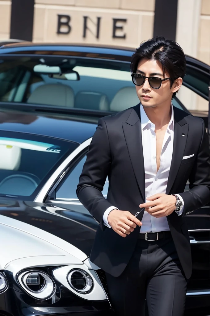 Handsome Japanese man wearing sunglasses, driving a Bentley, rich, fresh-looking in a black suit