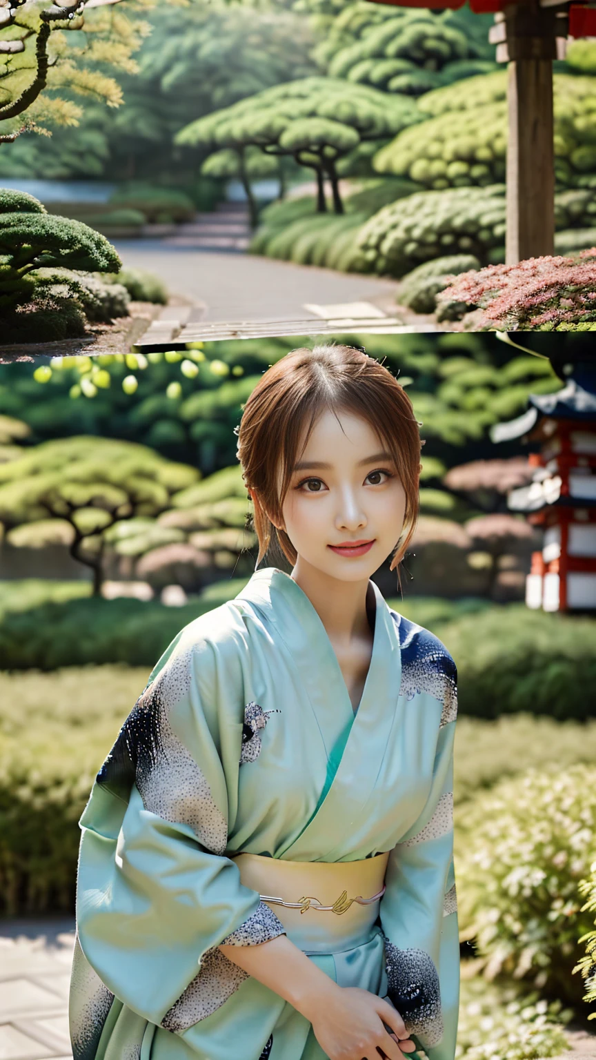 (((Regular dressing:1.5))),(Surreal), (High resolution), (8K), (Very detailed), (Best illustrations), (Beautifully detailed and sparkling eyes), (Highest quality), (Very detailedな), (masterpiece), (wallpaper), (Detailed face), (Beautiful smile)、(Beautiful expression)、(((((One female:1.2)))))、Looking into the camera、((Glamorous Body))、(((Japanese、Reality、Beautiful Posing、Sexy gestures、Kenrokuen Garden、Japanese garden、Beautiful kimono、National treasure-class kimono,Thick kimono:1.5)))