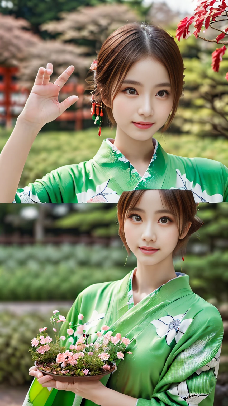 (((Regular dressing:1.5))),(Surreal), (High resolution), (8K), (Very detailed), (Best illustrations), (Beautifully detailed and sparkling eyes), (Highest quality), (Very detailedな), (masterpiece), (wallpaper), (Detailed face), (Beautiful smile)、(Beautiful expression)、(((((One female:1.2)))))、Looking into the camera、((Glamorous Body))、(((Japanese、Reality、Beautiful Posing、Sexy gestures、Kenrokuen Garden、Japanese garden、Beautiful kimono、National treasure-class kimono,Thick kimono:1.5)))