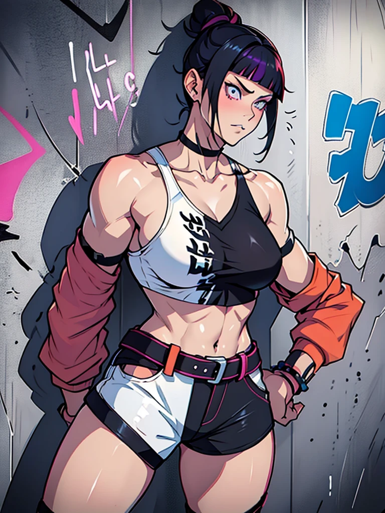 Juri Han,Masterpiece, Best Quality, 1girl, report, crop-top, jean shorts, Choker, (graffiti:1.aint splatter, (Hands Behind Your Back), Against a wall, looking a viewer, A bracelet, thigh strap, Paint on the body, tilt of head, bored, fiery hair color, Rainbow-colored eyes,juri han,olhar malvado
