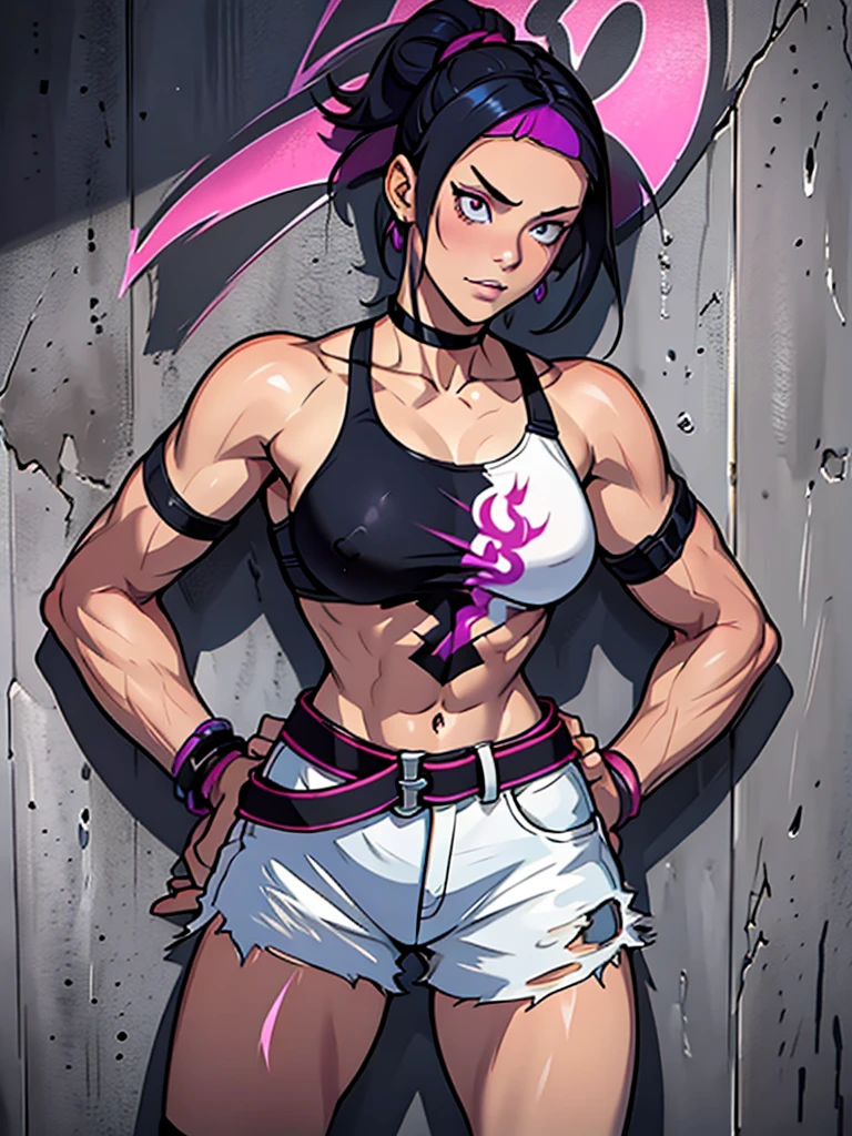 Juri Han,Masterpiece, Best Quality, 1girl, report, crop-top, jean shorts, Choker, (graffiti:1.aint splatter, (Hands Behind Your Back), Against a wall, looking a viewer, A bracelet, thigh strap, Paint on the body, tilt of head, bored, fiery hair color, Rainbow-colored eyes,juri han,olhar malvado
