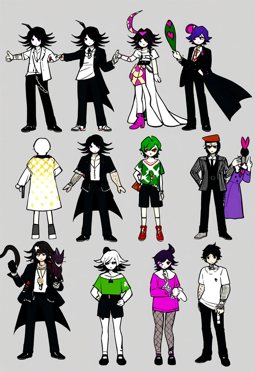 concept art, femboy, male, Arknights, danganronpa, yakuza, Italian mafia, cyberpunk, cute, pink, green, black, white, checkered pattern, jester, dragon, prankster, vtuber model, casual, detailed, baggy t-shirt, black formal shorts with thin white stripes, danganronpa inspired, live2d, kokichi ouma