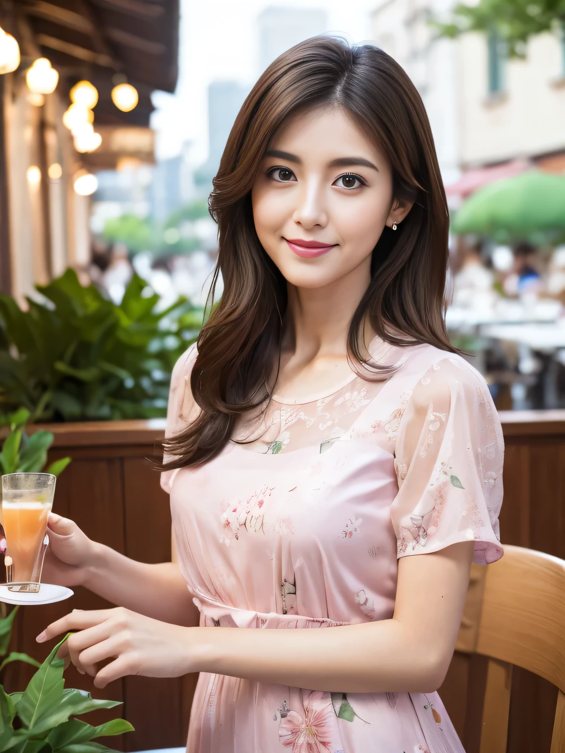 (RAW Photos), (Photo Real), (masterpiece), (Highest quality), High resolution, 8K resolution, (Intricate details), (Volumetric Light), Portraiture, woman, 35 years old, Semi-long Hair, Layered Hair, Brown Hair, Highly detailed eyes, Very thin eyebrows, Highly detailed skin, Highly detailed mouth, Highly detailed nose, Cute like an idol, smile, ((Pink lipstick)), ((Watching the audience)), (Elegant and transparent, Vivid Red sbustier short sleeve dress), ((Urban open cafe terrace background)), ((Random body directions)),