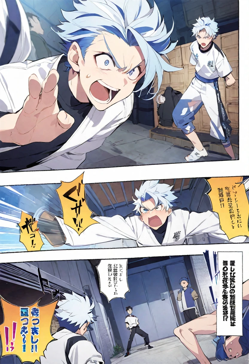 Manga Page, Blue haired boy, Wearing street clothes, Arguing with a white-haired boy, Wearing street clothes, whole body, Perspective wide-angle view ,At the dojo