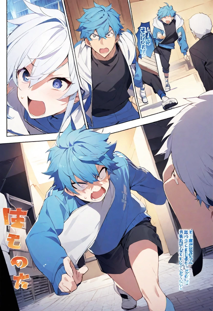 Manga Page, Blue haired boy, Wearing street clothes, Arguing with a white-haired boy, Wearing street clothes, whole body, Perspective wide-angle view ,At the dojo