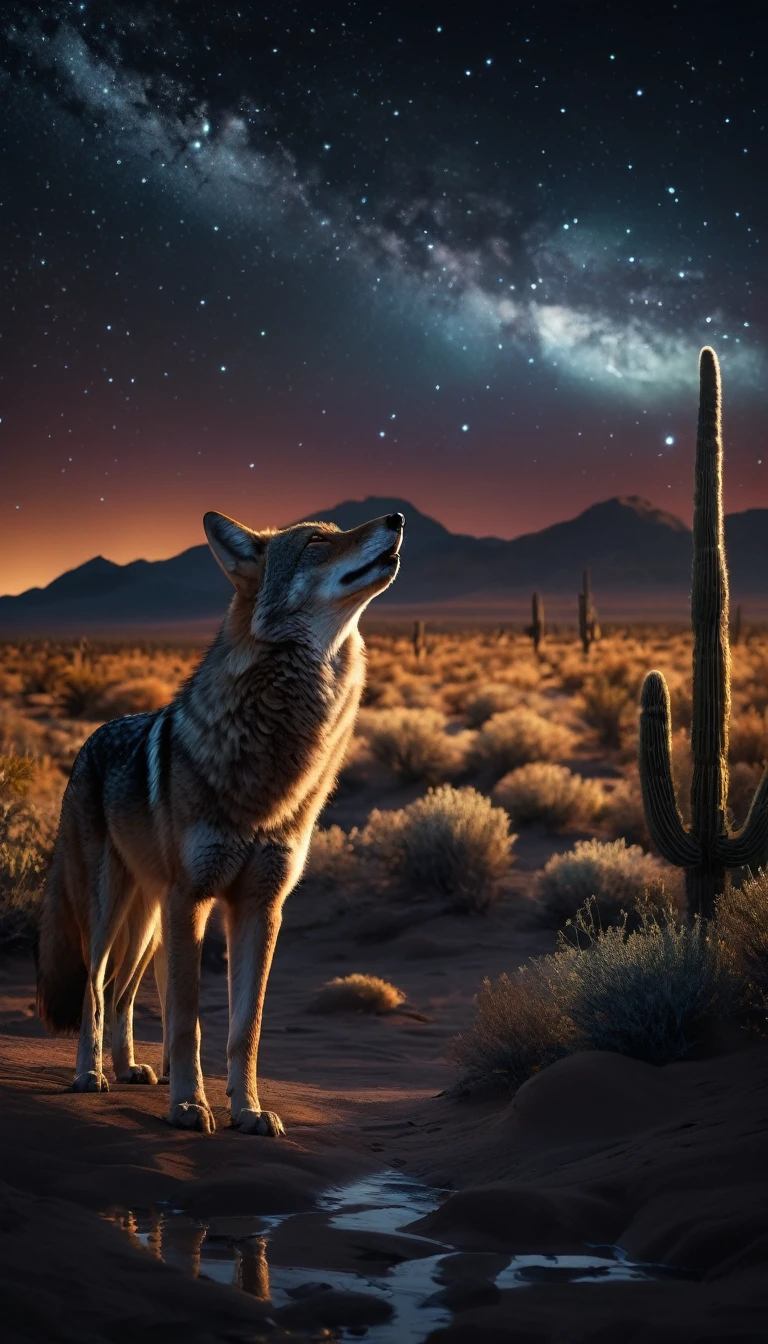  dark noir style, AshleyWoodArtAI Greg Rutkowski, (((coyote howling in a dark desert landscape with lots of plants, stars, and mountains on the wall movie poster, movie poster illustration and the story it represents true work of art:1.3))) intricate details, ((( Black logo with "Coyote FB" written on it.))) black and white, huge liquid black oil splash and droplets, colorful, luminism, bioluminescence, studio lighting, hyper detailed, (masterpiece, best quality:1.4), ray tracing reflection, sharp focus, shallow depth of field detailed background, (ultra realistic:1.2), 16k resolution.