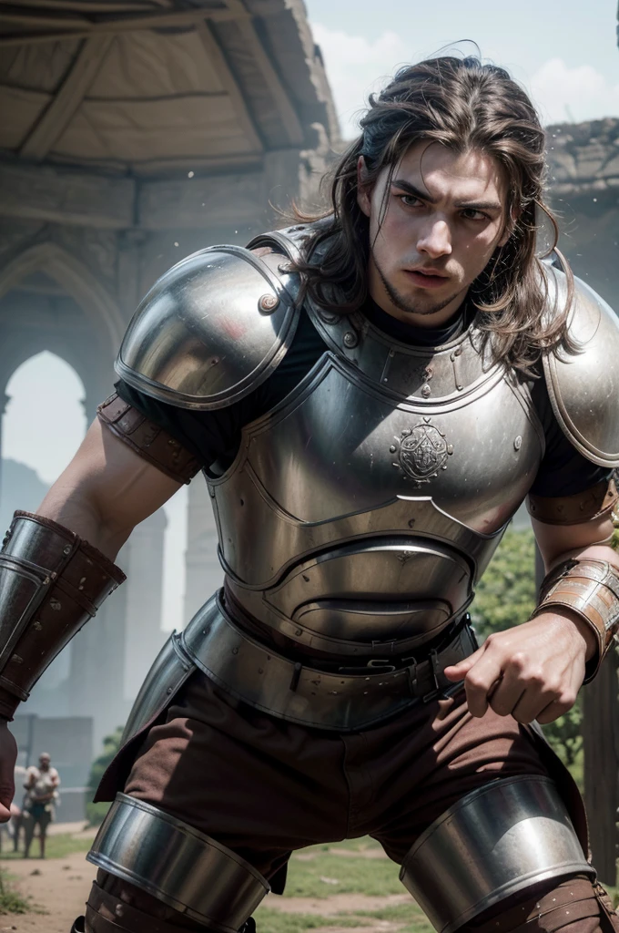 ((melhor qualidader)), ((trabalho de arte)), (detalhado) It was a fantastic medieval era, a 19-year-old warrior man, white, strong, medium brown hair, with his plate armor broken, fighting against a 200 meter tall colossus, holding the colossus's punch with both hands, with all his strength. strength, in fury