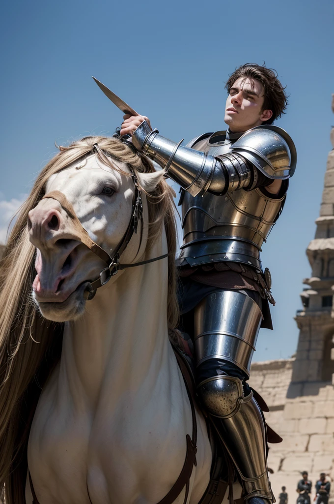 ((melhor qualidader)), ((trabalho de arte)), (detalhado) It was a fantastic medieval era, a 19-year-old warrior man, white, strong, medium brown hair, with his plate armor broken, fighting against a 200 meter tall colossus, holding the colossus's punch with both hands, with all his strength. strength, in fury