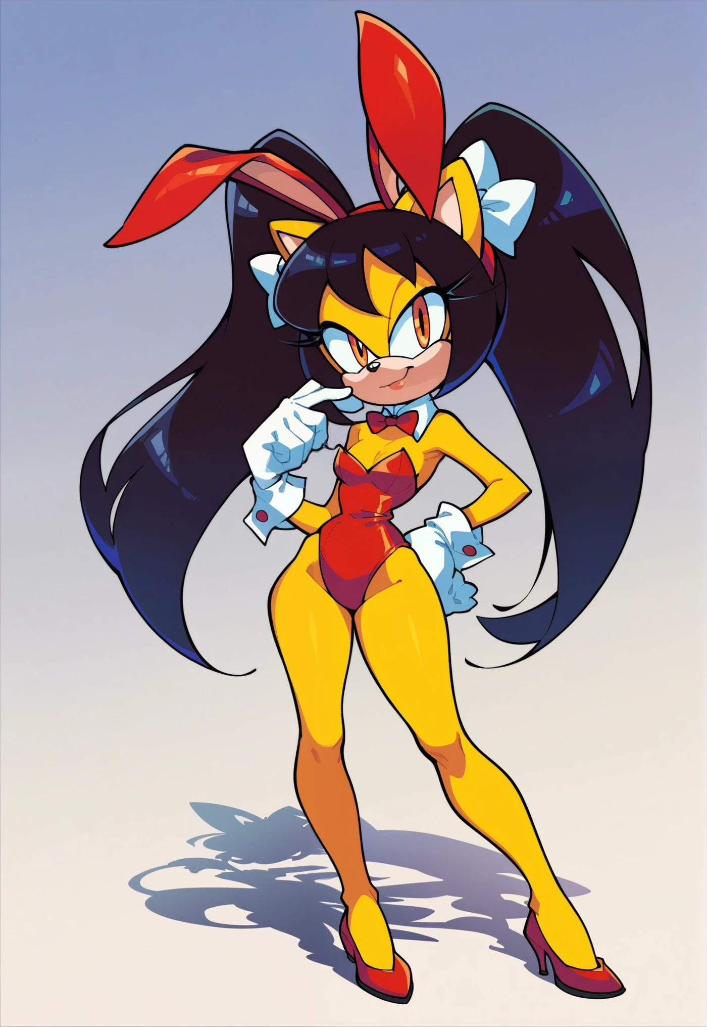 score_9, score_8_up, 2D, flat color, a plain white background with nothing in it, looking at viewer, 1girl, very detailed, extremely detailed, honey the cat from the sonic the hedgehog series, standing, full body, wide hips, narrow waist, curvy, high heels, leotard, bare legs, strapless, red makeover, playboy bunny, red heels, white bow tie, red Leotard, shadow, strapless Leotard, orange eyes