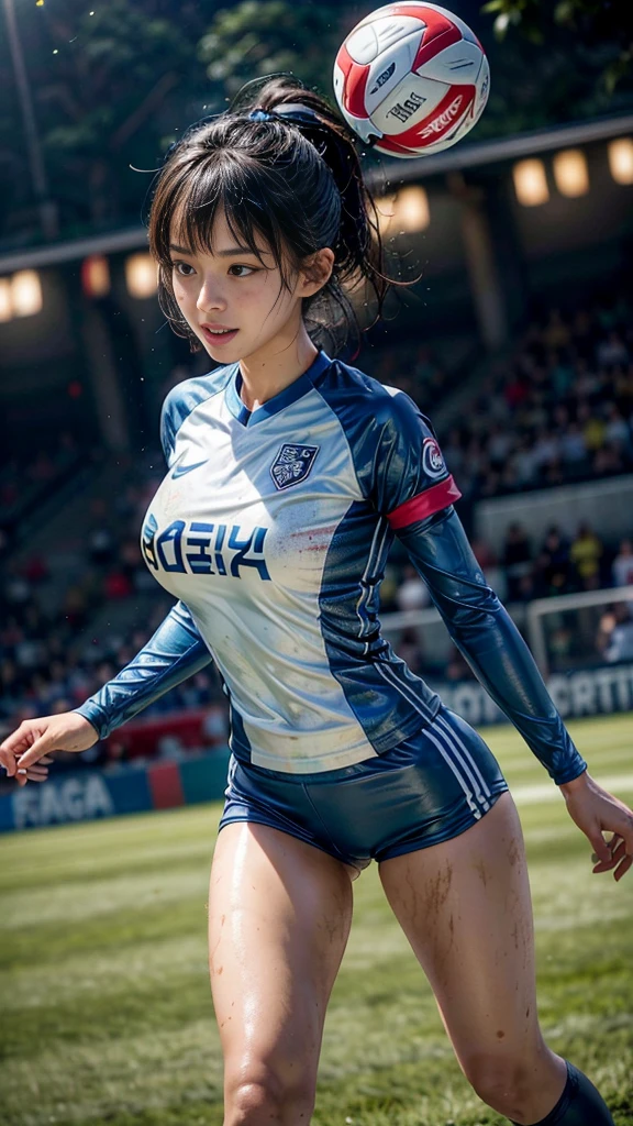 Highest quality, High resolution:1.2, Very detailed, Realistic:1.3, ((Beautiful woman))、((Super tight uniform))、((Super big breasts))、(The abdomen is visible)、Vibrant colors, play soccer,((Blunt bangs))、Various Hair Styles、Different hair colors、With bangs、Wet Hair, concentrate, splash, Action Shots, Grass blotches, Muddy ground, Wet turf, decide, Fast-paced games, Athletic physique, Shiny soccer ball, Wet Uniform, raindrop, Blurred motion, ボールにconcentrateする, Intense competition, Skillful dribbling, Energetic play, Teamwork, powerful shoots, Wet pitch, Passionate sports, Fierce decide, Humid atmosphere, Fluid movement, emotional expression、Dramatic lighting, Women's Sports, Avid athletes, Exciting Games, Endure, Excited state, Speed and agility, Energetic play, 濡れたsplash、smile、Red Uniform