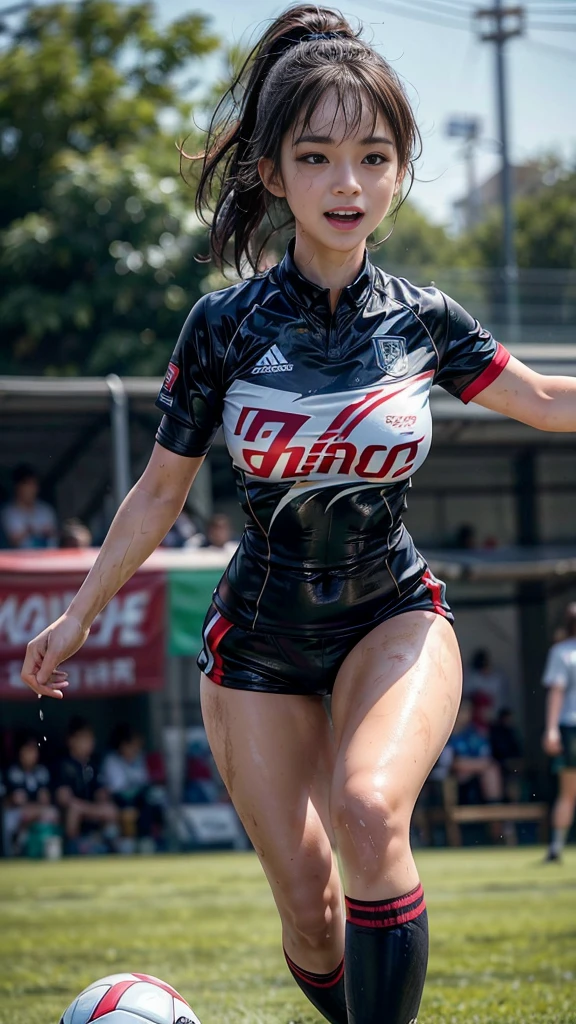 Highest quality, High resolution:1.2, Very detailed, Realistic:1.3, ((Beautiful woman))、((Super tight uniform))、((Super big breasts))、(The abdomen is visible)、Vibrant colors, play soccer,((Blunt bangs))、Various Hair Styles、Different hair colors、With bangs、Wet Hair, concentrate, splash, Action Shots, Grass blotches, Muddy ground, Wet turf, decide, Fast-paced games, Athletic physique, Shiny soccer ball, Wet Uniform, raindrop, Blurred motion, ボールにconcentrateする, Intense competition, Skillful dribbling, Energetic play, Teamwork, powerful shoots, Wet pitch, Passionate sports, Fierce decide, Humid atmosphere, Fluid movement, emotional expression、Dramatic lighting, Women's Sports, Avid athletes, Exciting Games, Endure, Excited state, Speed and agility, Energetic play, 濡れたsplash、smile、Red Uniform