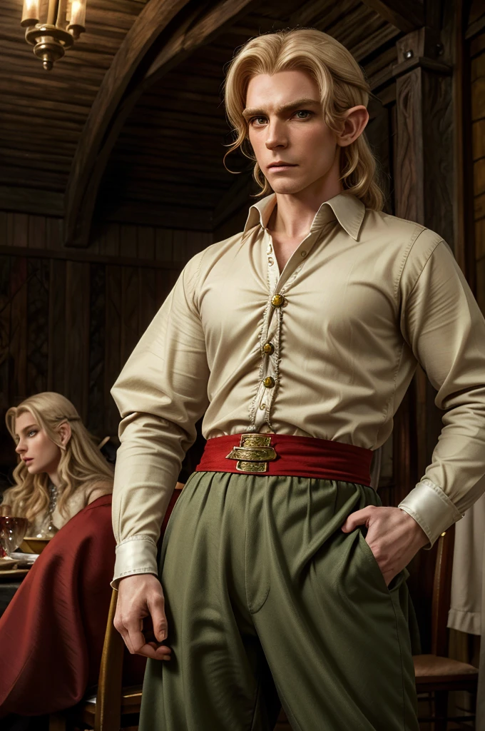 Elven, Elf, green eyes sharp jaw and cheekbones pale red nearly blonde darker colored hair elitest facial expression, sneering expression, wearing 17th century clothing 30 year old elf man standing in a dinner hall. Wearing pants and a ruffled shirt.
