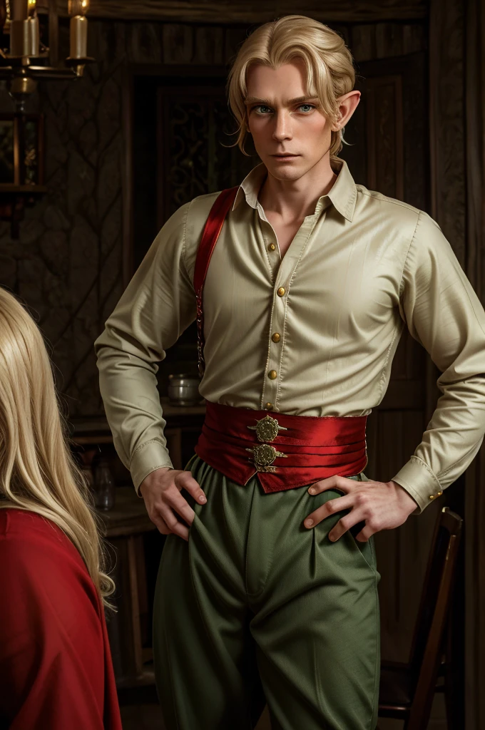 Elven, Elf, green eyes sharp jaw and cheekbones pale red nearly blonde darker colored hair elitest facial expression, sneering expression, wearing 17th century clothing 30 year old elf man standing in a dinner hall.  Wearing pants and a ruffled shirt.
