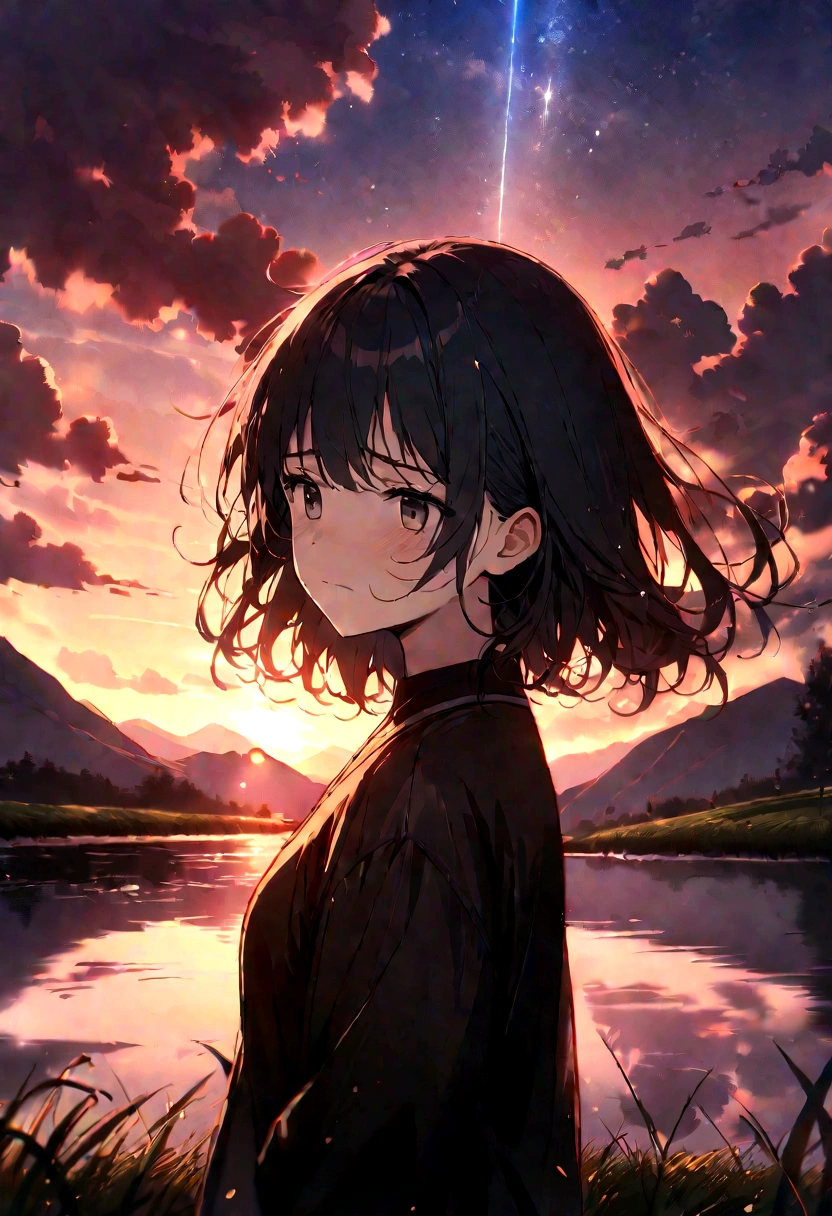 , river, Beautiful sunset, Big Clouds, Green Grass, Sad mood, Stars can be seen through the clouds, space, A ray of sunlight illuminates the world, masterpiece, Mountain々