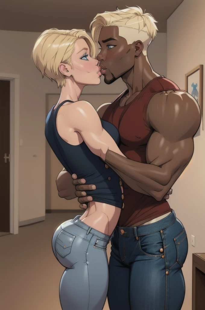 Panel work of art, blue colored eyes, short blonde hair, wearing a tight blue tank top with a low neckline, wearing short, tight denim shorts with the buttons open, defined body, Kissing a man, with black skin, man with brown skin, wearing a loose red shirt, wearing loose jeans