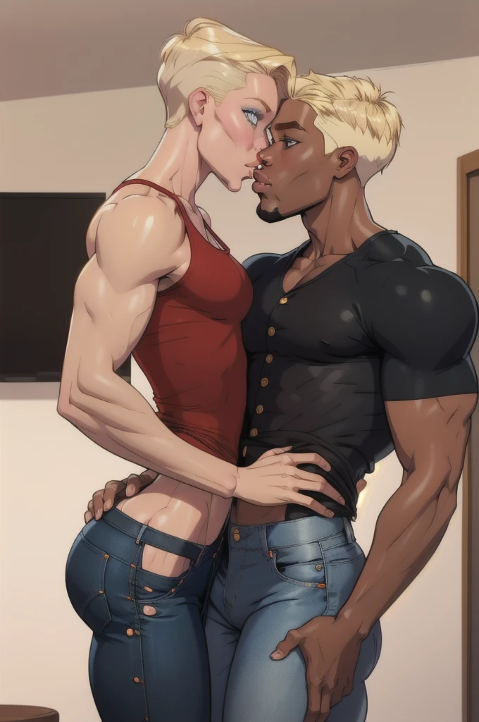 Panel work of art, blue colored eyes, short blonde hair, wearing a tight blue tank top with a low neckline, wearing short, tight denim shorts with the buttons open, defined body, Kissing a man, with black skin, man with brown skin, wearing a loose red shirt, wearing loose jeans