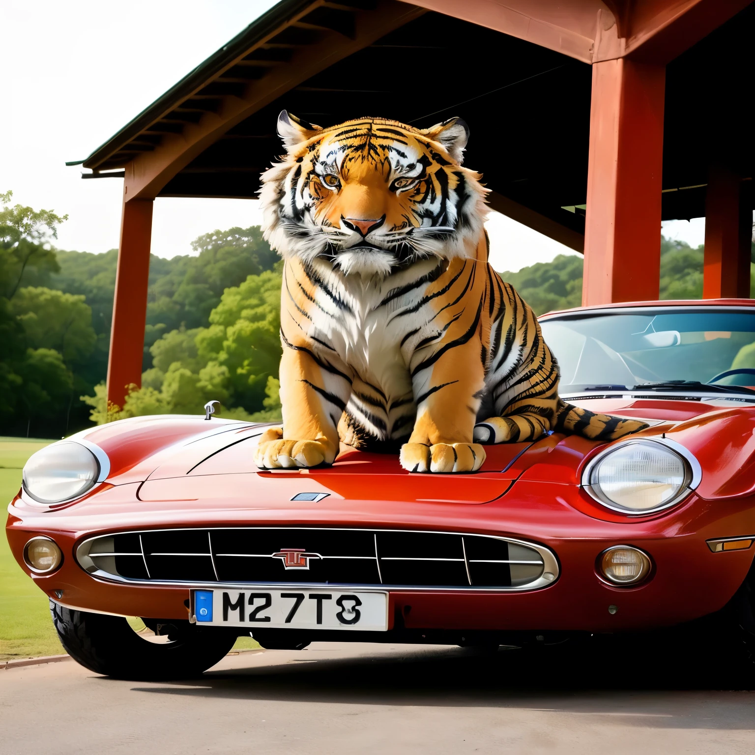 there is to tiger sitting on top of a red sports car, tony the tigre, tigre, anthropomorphic tigre, ((tigre)), to tiger, tigre_beast, tigreman, the tigre is smiling, tigre stripes, tigers, The cat that could drive a car, A hyperrealist, strong and fierce, fierce appearance, 240p