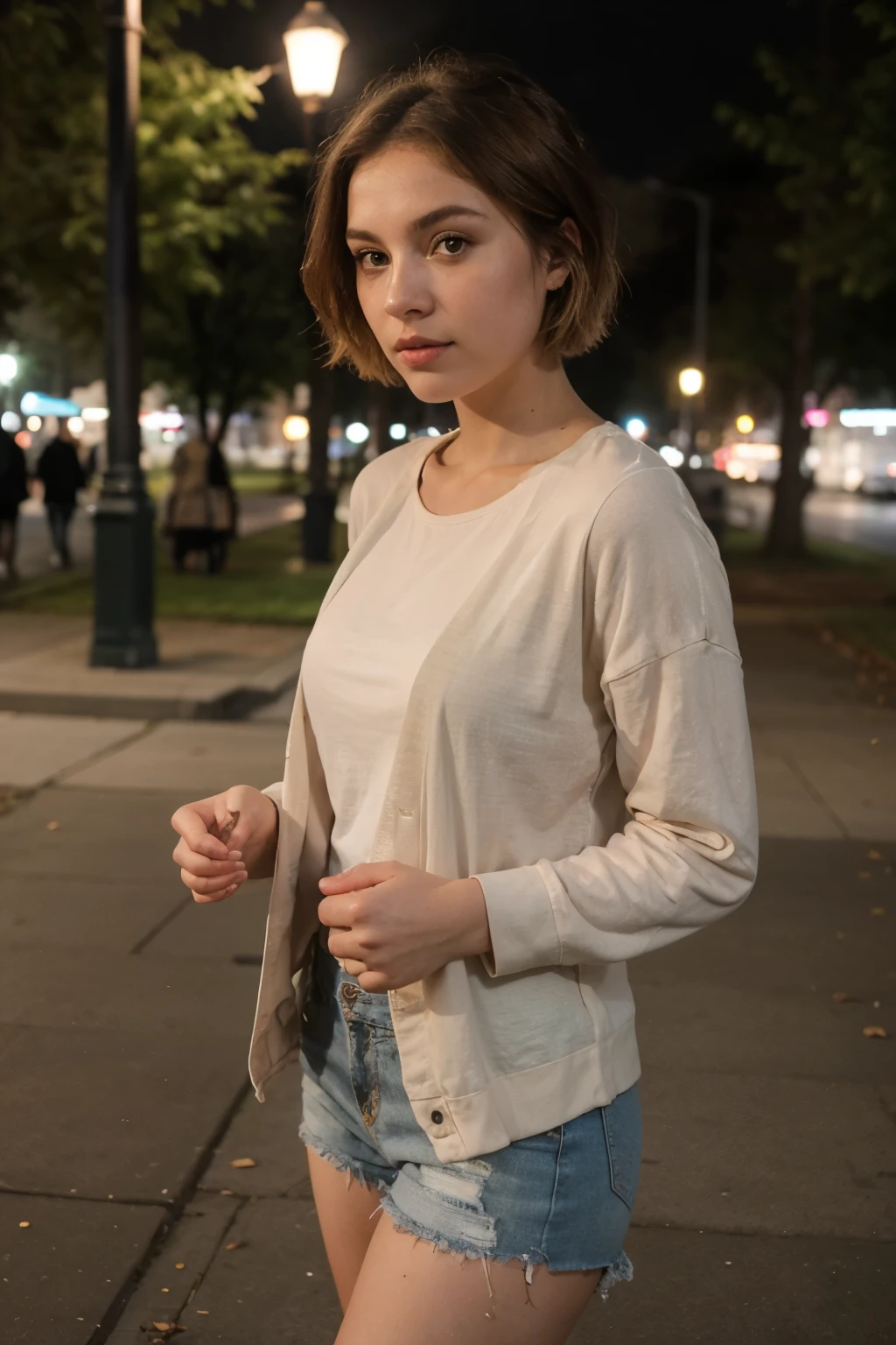 photo of a 23 year old woman, short blonde hair light brown eyes clothes in the park at night
