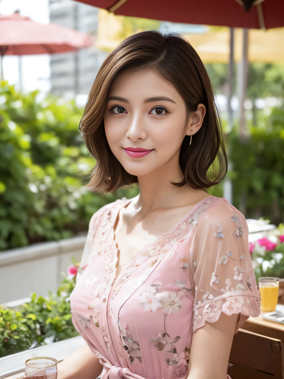 (RAW Photos), (Photo Real), (masterpiece), (Highest quality), High resolution, 8K resolution, (Intricate details), (Volumetric Light), Portraiture, woman, 30 years old, Medium Hair, Layered Hair, Brown Hair, Highly detailed eyes, Very thin eyebrows, Highly detailed skin, Highly detailed mouth, Highly detailed nose, Cute like an idol, smile, ((Pink lipstick)), ((Watching the audience)), (Elegant and transparent, Short sleeve dress with floral pattern), ((Open cafe terrace background)), ((Bodies facing random directions)),