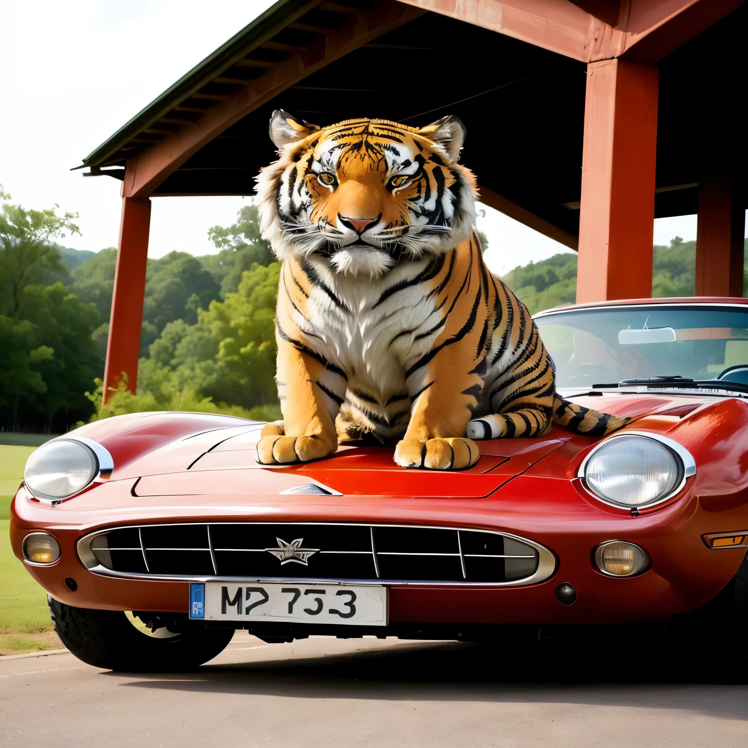 there is to tiger sitting on top of a red sports car, tony the tigre, tigre, anthropomorphic tigre, ((tigre)), to tiger, tigre_beast, tigreman, the tigre is smiling, tigre stripes, tigers, The cat that could drive a car, A hyperrealist, strong and fierce, fierce appearance, 240p