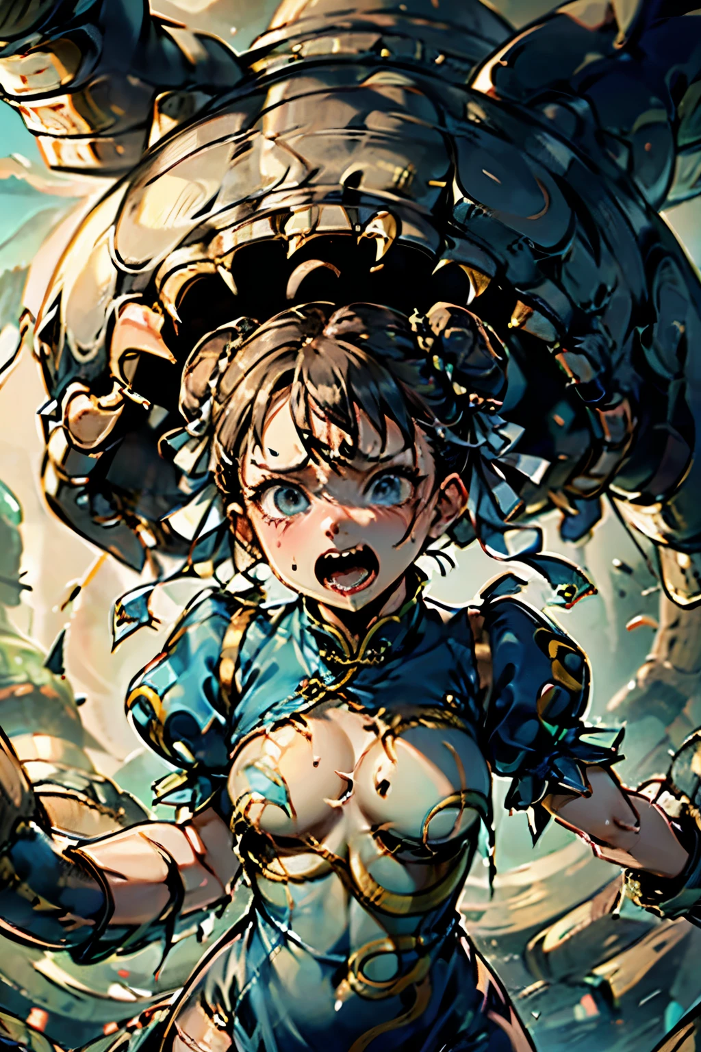 呑み込まれている、portrait shot,nsfw,masterpiece,best quality,chun-li,sf2 chun, mature, hair buns, covered buns, chinese dress, qipao, blue outfit, puffy sleeves, ((torn clothes:1.1)), (((tentacles,too many,too many tentacles,monster tentacle on worm mouth))),looking at viewer,reaching to viewers,Anatomically correct、stickiy liquid on face,scared、She is resisting,(((beingswallowed、lower body stuck in worm mouth,vore))),open_mouth