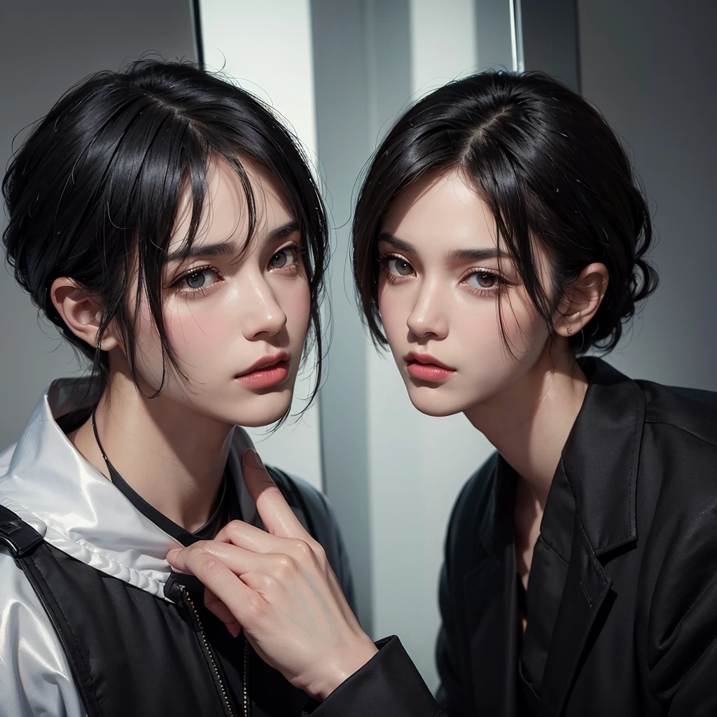 (highest resolution, distinct_image) best quality, ((two men)), supporting each other, masterpiece, high detail, semi-realistic, black short hair, black hair, bangs, mature, young, tall and strong, the right hand body is wearing a black coat, Stern and serious, tall and handsome, majestic and mighty, with exquisite facial features, ((with perspective mirror))