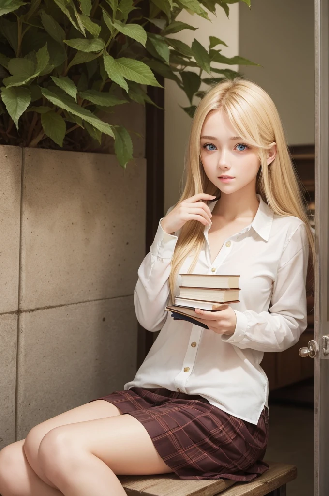 A blonde girl with honey eyes,very beautiful, is 17 years old, holding books