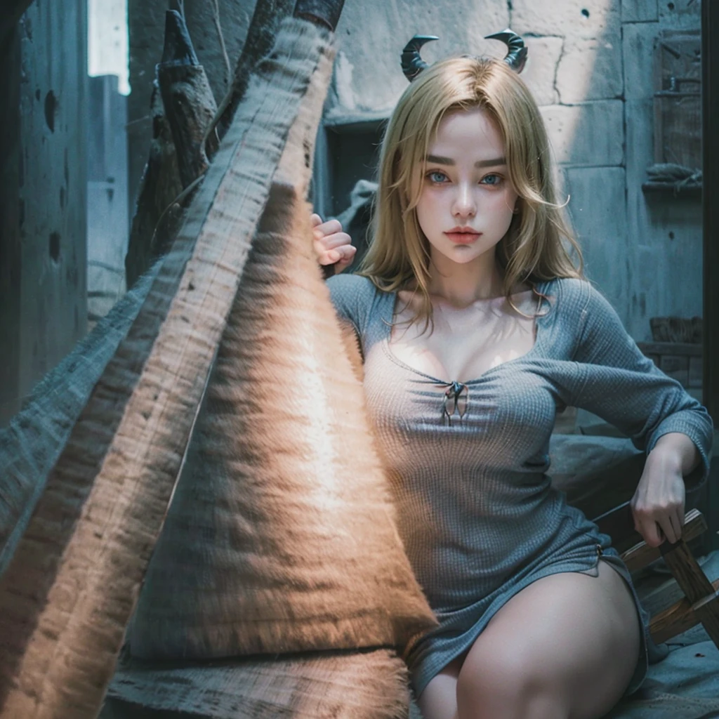 Mulher viking, Youngh, symmetrical face, blonde, realisitic, ax kept, corpo tonificado e Youngh, fur dress 