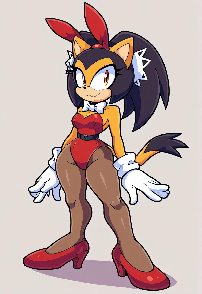 score_9, score_8_up, 2D, flat color, a plain white background with nothing in it, looking at viewer, 1girl, very detailed, extremely detailed, honey the cat from the sonic the hedgehog series, standing, full body, wide hips, narrow waist, curvy, high heels, leotard, bare legs, strapless, red makeover, playboy bunny, red heels, white bow tie, red Leotard, shadow, strapless Leotard, orange eyes, pantyhose