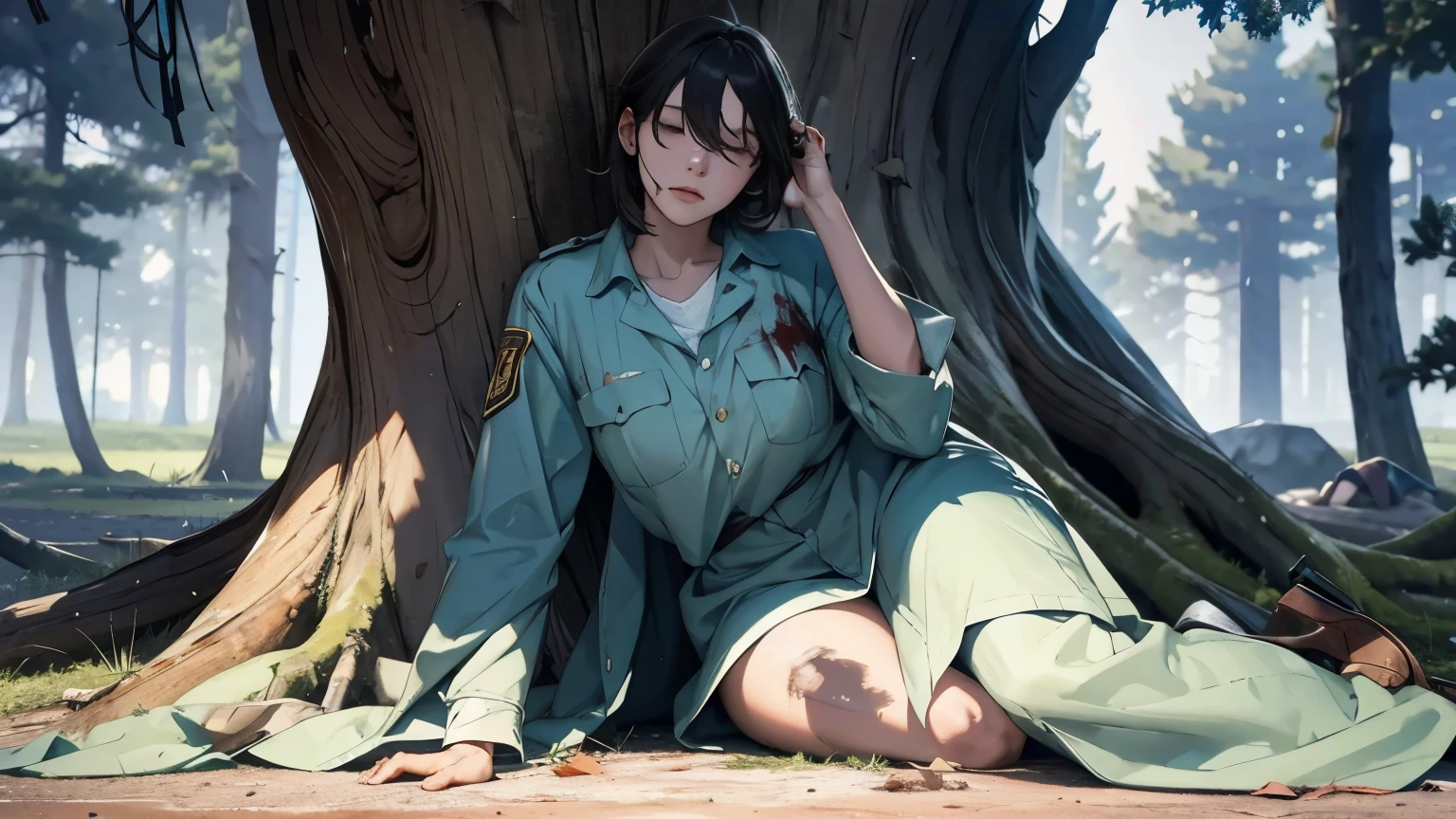 A young woman in torn prison uniform,Sit under a big tree and sleep,In the forest,There are stains on the body,Reveal most of the flesh,Scratches on the body,Blood,There are guns and handcuffs on the ground