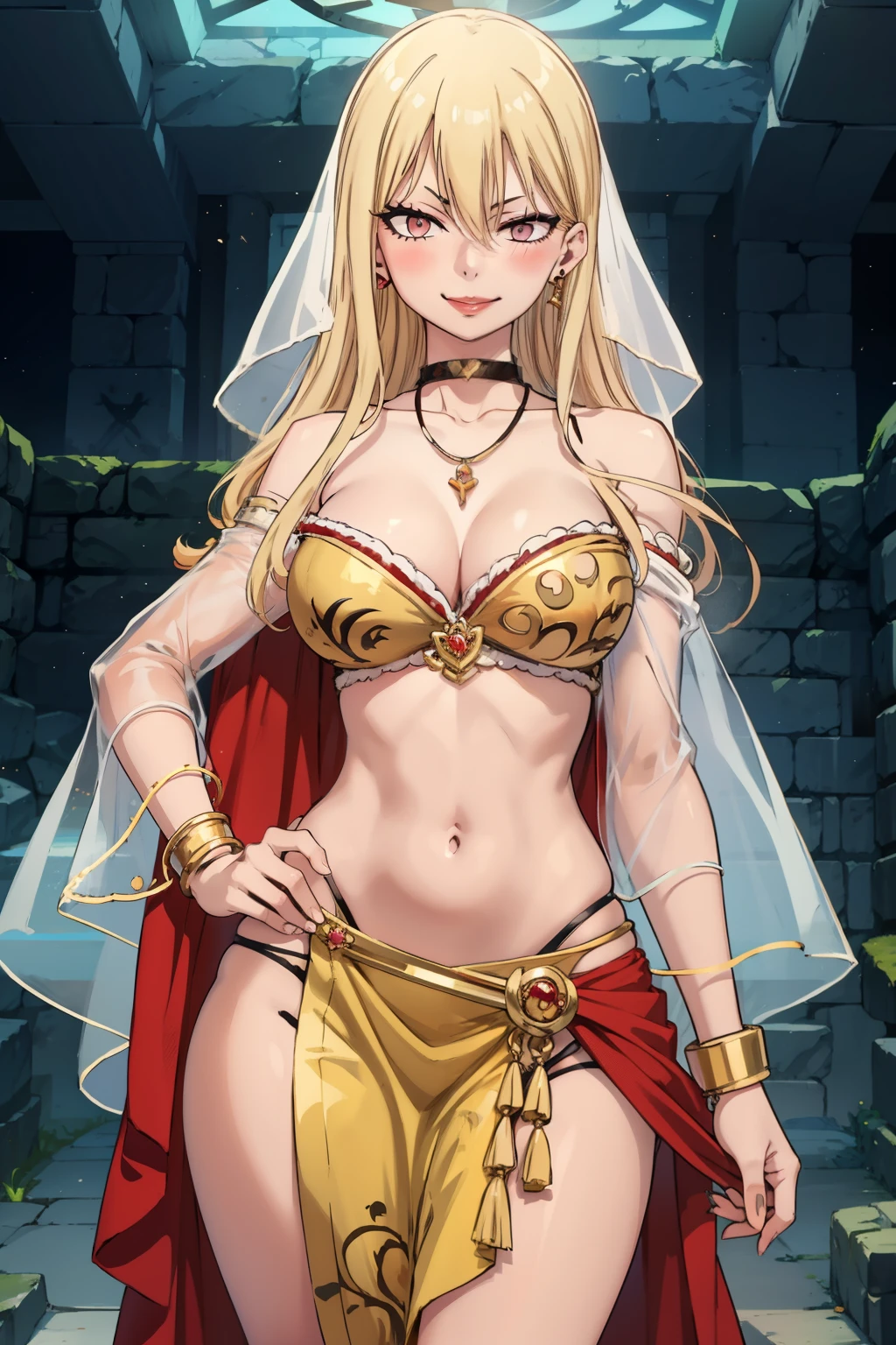 ftselenecas,mature female,pink eyes,mature female, blonde hair, long hair, blush, lipstick,,jewelry, earrings, masterpiece, best quality, highly detailed ,glint,halterneck,gold_choker, complex detailed background,
inside, stone wall, ancient interior, ancient egyptian room, hieroglyphs, dark lighting, dark
atmosphere, (cowboy shot), holding a sword, sword, belly_chain,harem_outfit,navel, necklace,
pelvic_curtain,revealing_clothes, veil,masterpiece,best quality,1girl,mature,evil smile, smile,
female,mature,necklace,pendant, exposed belly, exposed navel, exposed
midriff, exposed lower belly, navel piercing