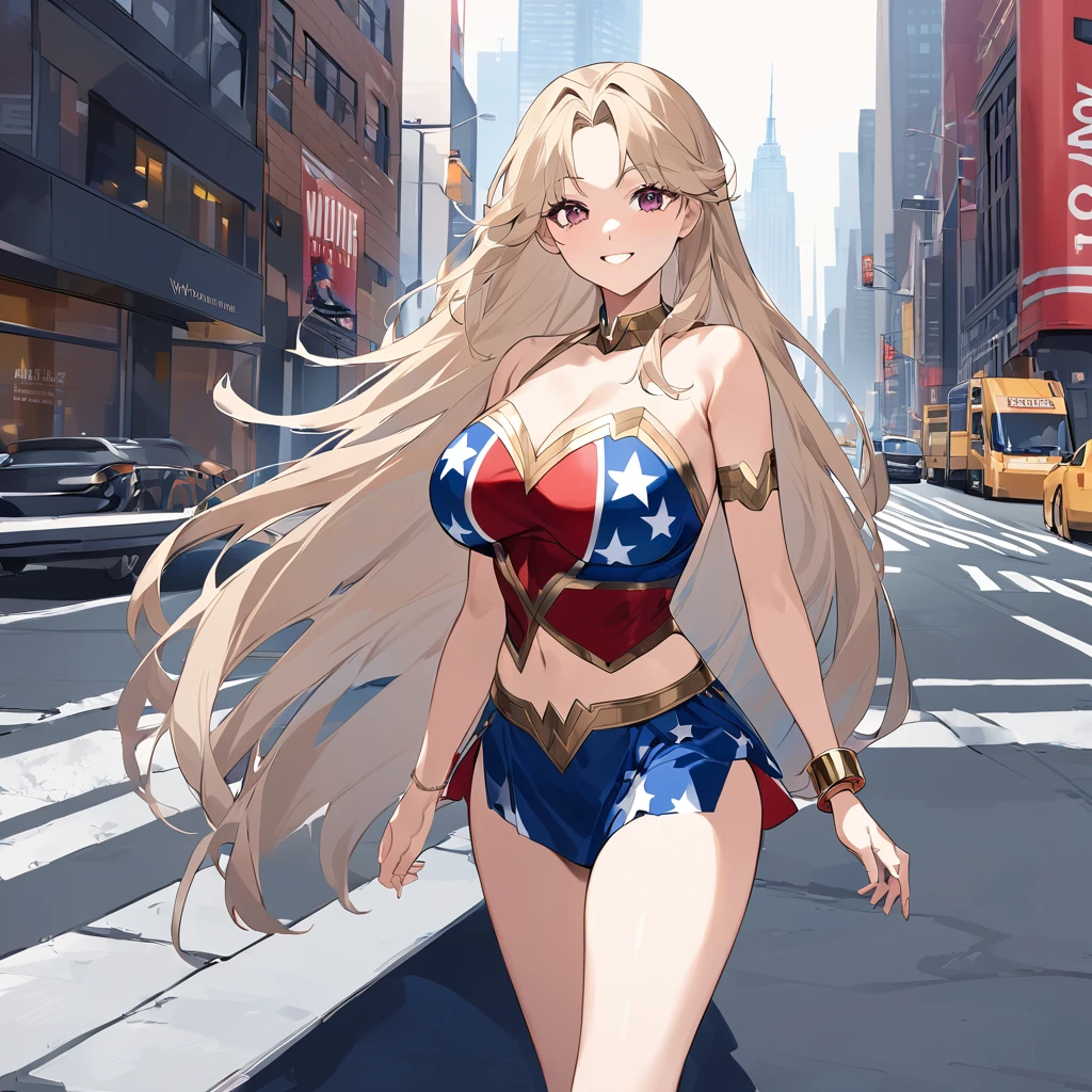 A woman wearing a Wonder Woman uniform from Marvel, uniform with the colors of the United States, beige hair, long hair, burgundy eyes, large breasts, exposed shoulder, gold bracelet, smiling, standing, walking on a concrete sidewalk in New York City, view of the building in the background, daytime location.
.(woman alone)