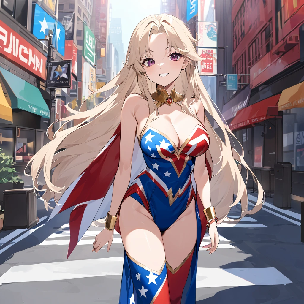 A woman wearing a Wonder Woman uniform from Marvel, uniform with the colors of the United States, beige hair, long hair, burgundy eyes, large breasts, exposed shoulder, gold bracelet, smiling, standing, walking on a concrete sidewalk in New York City, view of the building in the background, daytime location.
.(woman alone)