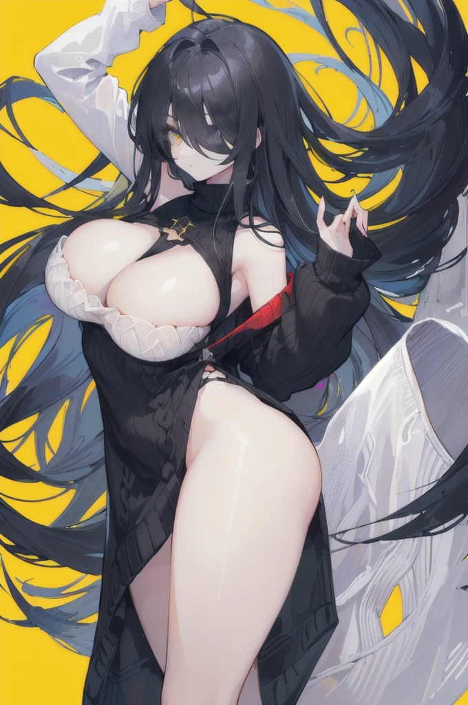 (((Long black Beautiful Hair))),blacks hair,kawai,(((Eyes visible from bangs,hair over eyes:1.3))),,Huge breasts,(Yellow color eyes),,(yellw slanted eyes),1girl in,bangs,longs black hair, (white background) (using dark red sweaters, sweater models, off-the-shoulder sweaters), ((Don't wear any pants because the bottom fabric of the sweater is long from the sides to the middle of the thigh)) the curve of her thighs is visible, ((long straight hair)),((The pose of the right hand above the chest, the pose of the left hand hanging down the fingers must be perfect)) (long sweater sleeve covers the back of the hand) image as per tag, Standing body position facing the left side, Bare thighs, very big bearts