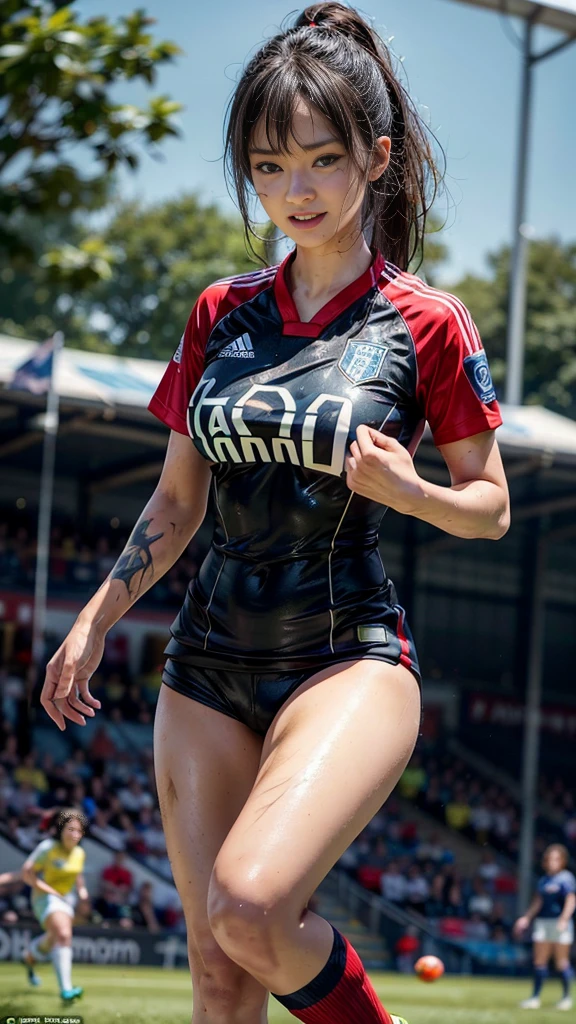 Highest quality, High resolution:1.2, Very detailed, Realistic:1.3, ((Beautiful woman))、((Super tight uniform))、((Big Breasts))、(The abdomen is visible)、Vibrant colors, play soccer,((Blunt bangs))、Various Hair Styles、Different hair colors、With bangs、Wet Hair, concentrate, splash, Action Shots, Grass blotches, Muddy ground, Wet turf, decide, Fast-paced games, Athletic physique, Shiny soccer ball, Wet Uniform, raindrop, Blurred motion, ボールにconcentrateする, Intense competition, Skillful dribbling, Energetic play, Teamwork, powerful shoots, Wet pitch, Passionate sports, Fierce decide, Humid atmosphere, Fluid movement, emotional expression、Dramatic lighting, Women's Sports, Avid athletes, Exciting Games, Endure, Excited state, Speed and agility, Energetic play, 濡れたsplash、smile、Red Uniform