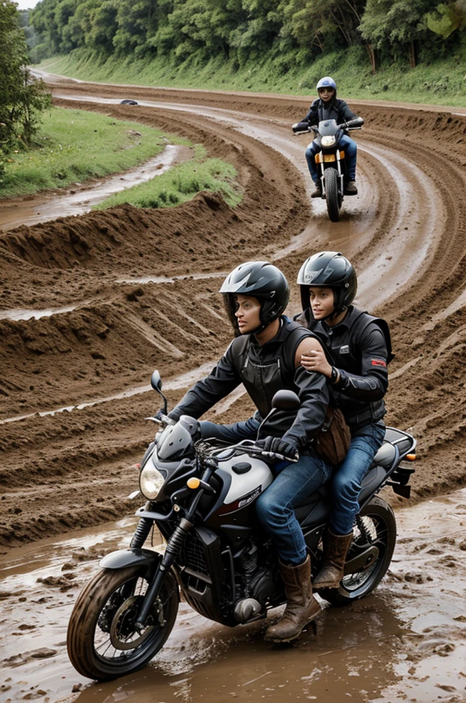 2D cartoon group of men and women preachers, everyone wears a helmet, men dressed in pants and shoulder bag, women with black dress and boots, traveling by motorcycle, dirt and rock road, muddy river