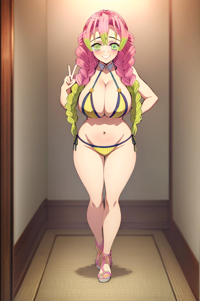 (masterpiece, best quality),  intricate details,
MitsuriKanroji, kanroji mitsuri, 1girl, solo, long hair, winking, green eyes, pink hair, green hair, twin braids, smile, cute smile, blushed smile, blush, blushing, large breast, huge breasts, bikini top, collarbone, neck, bare shoulders, yellow bikini top, cleavage, full body, long legs, cowboy shot, plain background, white background, photoshoot, perfect shot, perfect framing, full body shot, hands behind head, peace sign