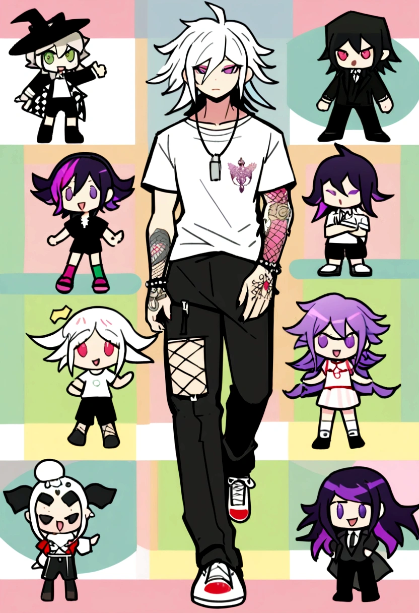 illustration, full body, femboy, male, Arknights, danganronpa, yakuza, Italian mafia, cyberpunk, cute, pink, green, black, white, checkered pattern, jester, dragon, prankster, vtuber model, casual, detailed, baggy t-shirt, black formal shorts with thin white stripes, danganronpa inspired, live2d, kokichi ouma