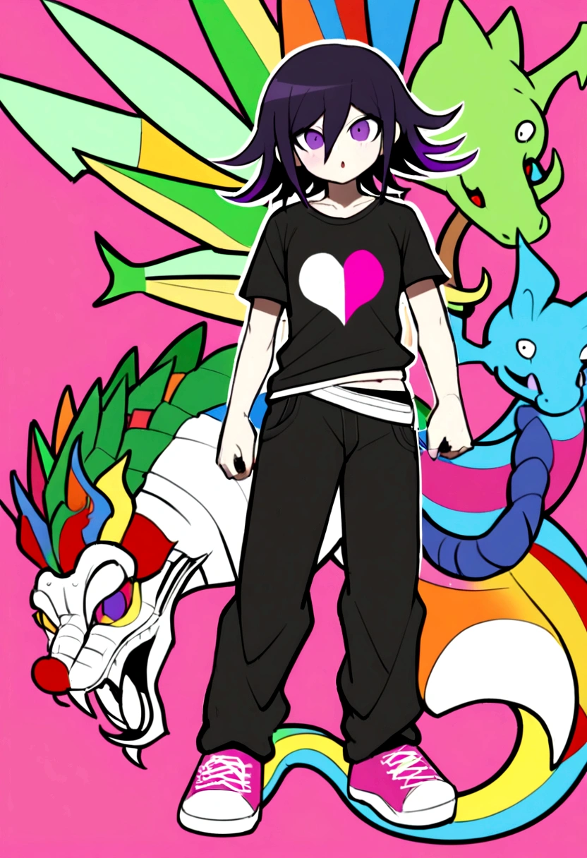 illustration, full body, femboy, male, Arknights, danganronpa, yakuza, Italian mafia, cyberpunk, cute, pink, green, black, white, checkered pattern, jester, dragon, prankster, vtuber model, casual, detailed, baggy t-shirt, black formal shorts with thin white stripes, danganronpa inspired, live2d, kokichi ouma
