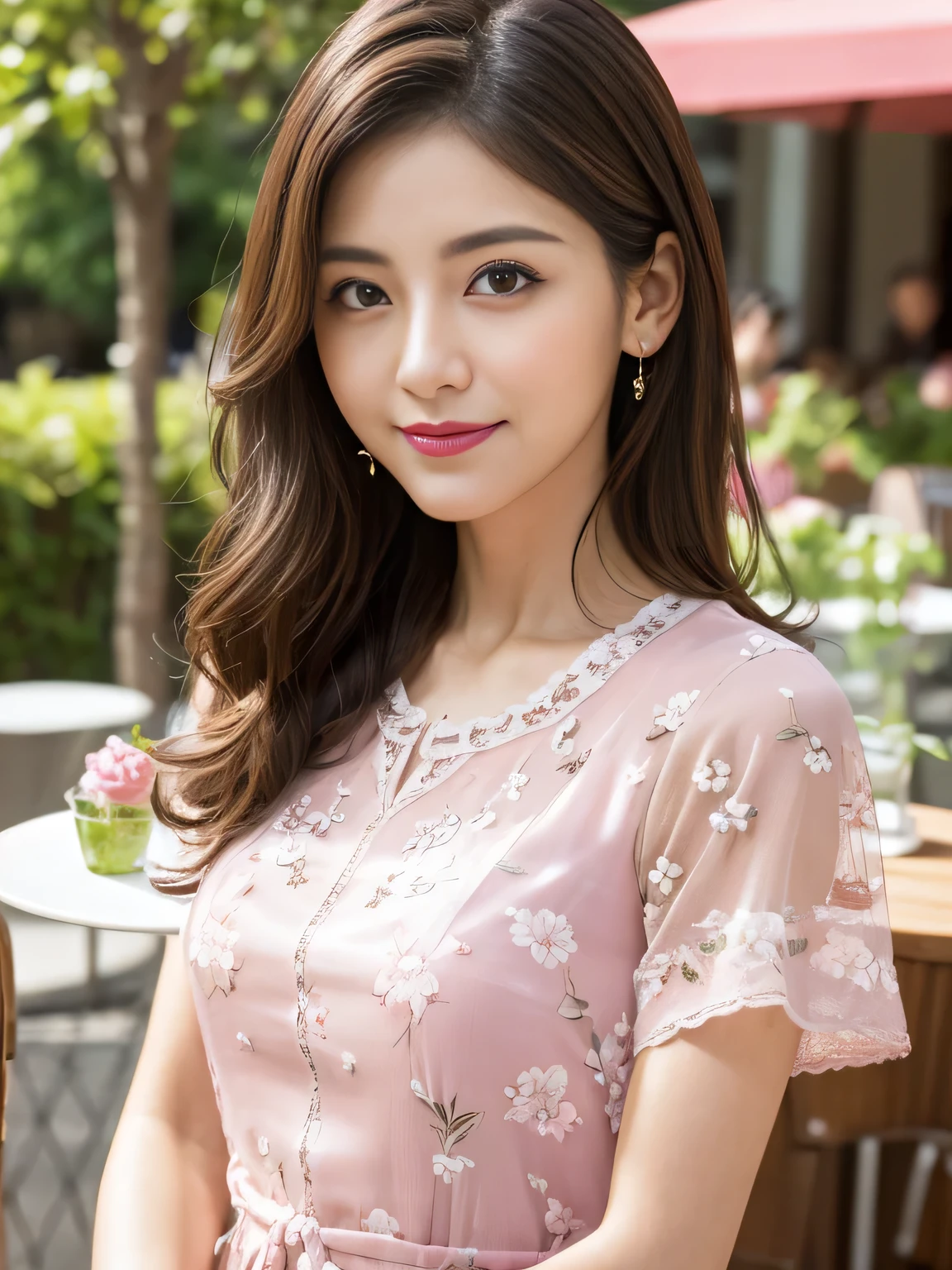(RAW Photos), (Photo Real), (masterpiece), (Highest quality), High resolution, 8K resolution, (Intricate details), (Volumetric Light), Portraiture, woman, 30 years old, Medium Hair, Layered Hair, Brown Hair, Highly detailed eyes, Very thin eyebrows, Highly detailed skin, Highly detailed mouth, Highly detailed nose, Cute like an idol, smile, ((Pink lipstick)), ((Watching the audience)), (Elegant and transparent, Short sleeve dress with floral pattern), ((Open cafe terrace background)), ((Bodies facing random directions)),