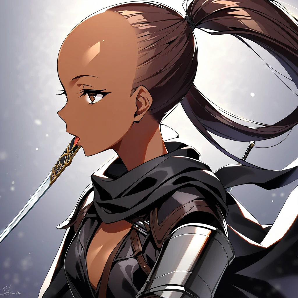 A woman with dark brown skin, no hair. She is bald, except for a long, straight ponytail at the back of her head, with a piece of metal holding it at the base of the ponytail. She's in a armor that mixes leather, metal and black cloth in a very stylish and protected way. Most of his armor is made of brown leather, as well as some light gray metal and black cloth, both to a lesser extent.She, in turn, had a cold look, and her mouth was hidden by a black cloth bandana. She has deep circles under her eyes and long fingernails, and has a black steel short sword sheathed on her back.