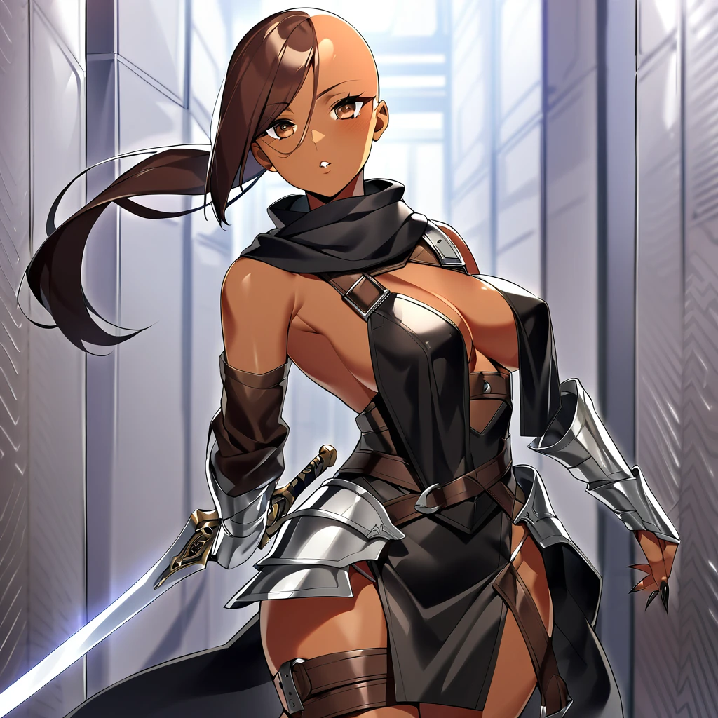 A woman with dark brown skin, no hair. She is bald, except for a long, straight ponytail at the back of her head, with a piece of metal holding it at the base of the ponytail. She's in a armor that mixes leather, metal and black cloth in a very stylish and protected way. Most of his armor is made of brown leather, as well as some light gray metal and black cloth, both to a lesser extent.She, in turn, had a cold look, and her mouth was hidden by a black cloth bandana. She has deep circles under her eyes and long fingernails, and has a black steel short sword sheathed on her back.