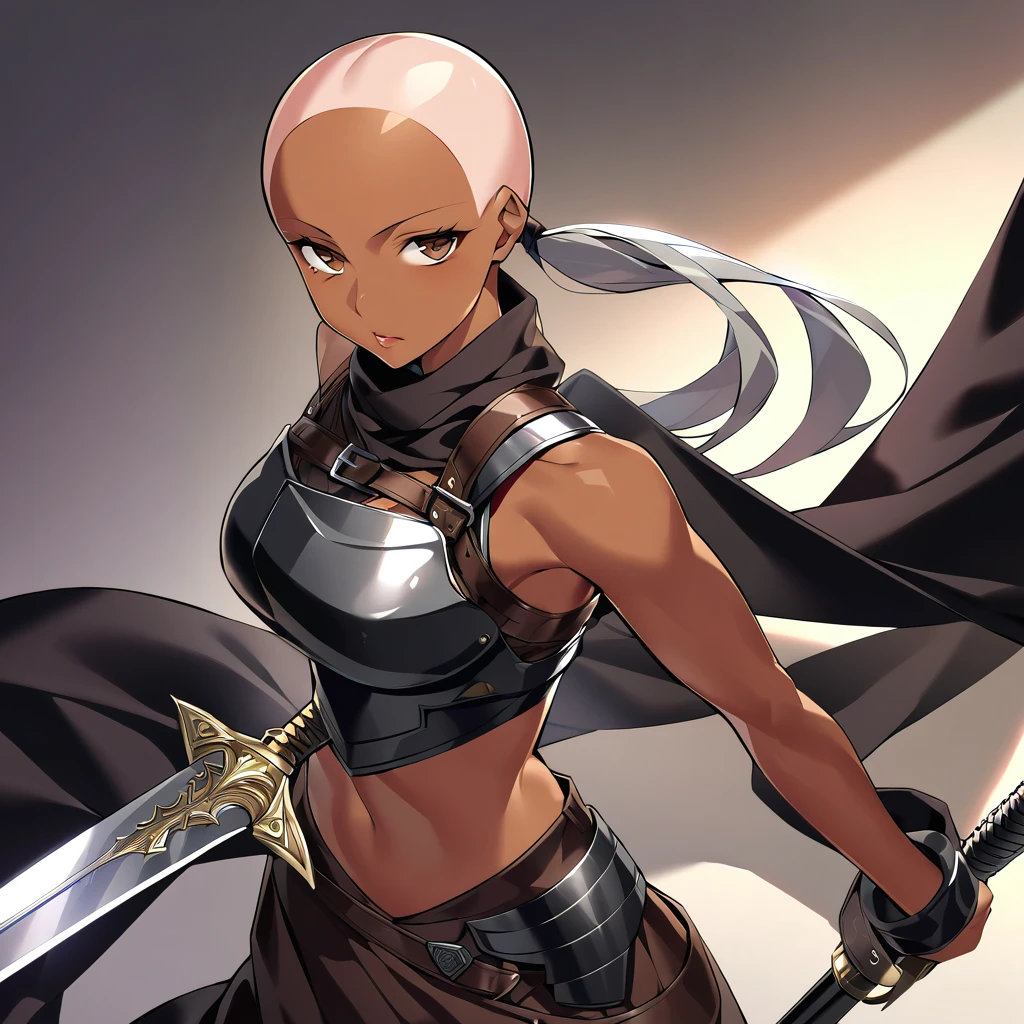 A woman with dark brown skin, no hair. She is bald, except for a long, straight ponytail at the back of her head, with a piece of metal holding it at the base of the ponytail. She's in a armor that mixes leather, metal and black cloth in a very stylish and protected way. Most of his armor is made of brown leather, as well as some light gray metal and black cloth, both to a lesser extent.She, in turn, had a cold look, and her mouth was hidden by a black cloth bandana. She has deep circles under her eyes and long fingernails, and has a black steel short sword sheathed on her back.