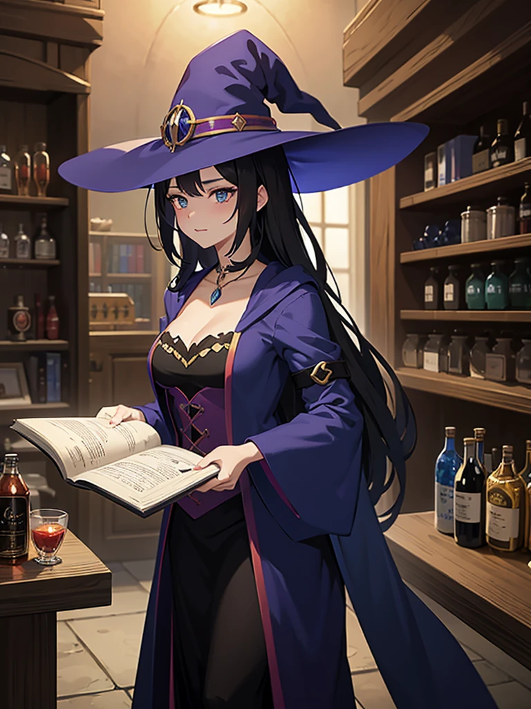 a woman holding a glass of liquid and a book, alchemist girl, she is in the potions workshop, glamor anime witch casting magic, anime moe art style, anime drinks energy drink, anime look of a beautiful girl, black hair wizard, I'm going to make fanart too, casting a spell on a potion, female protagonist 👀 :8, anime young man ( witch outfit with long skirt, white hair tied into a side ponytail that falls to the shoulder. ((whole body)), Model Sheet, perfil