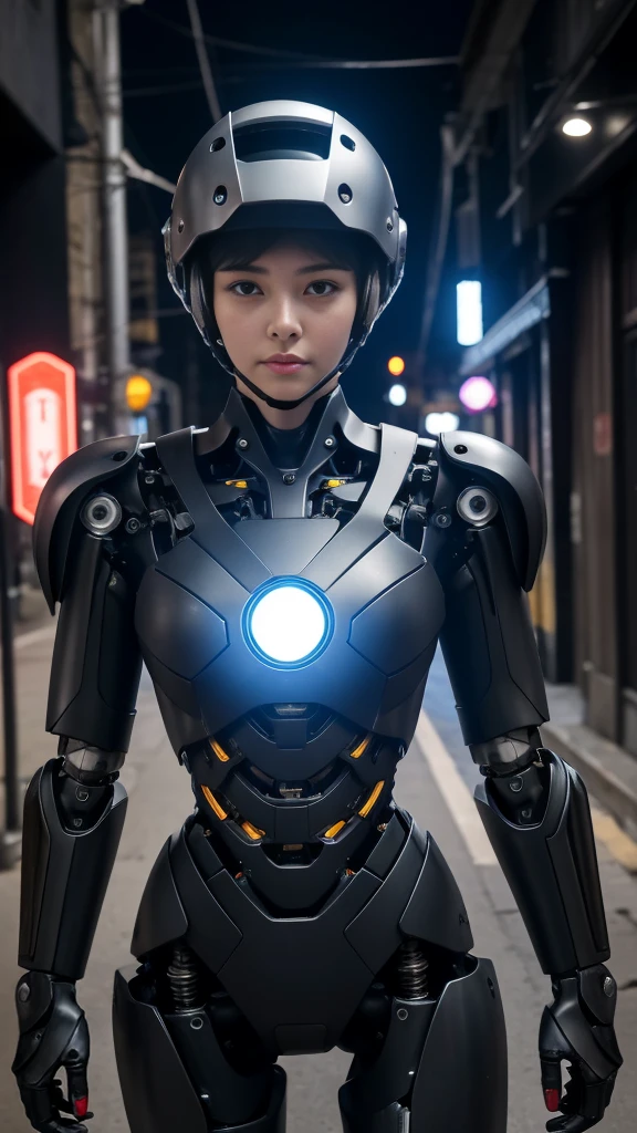 Mechanical armechanical legs、Has a helmet-shaped electronic brain、Face and body are black－Human、A female robot、Exposed metal bolts and wires－、c－The do can be seen from outside.、Dressed like a hit-man a gun in hand、Protecting the body with protective clothing, Maintaining peace in the town